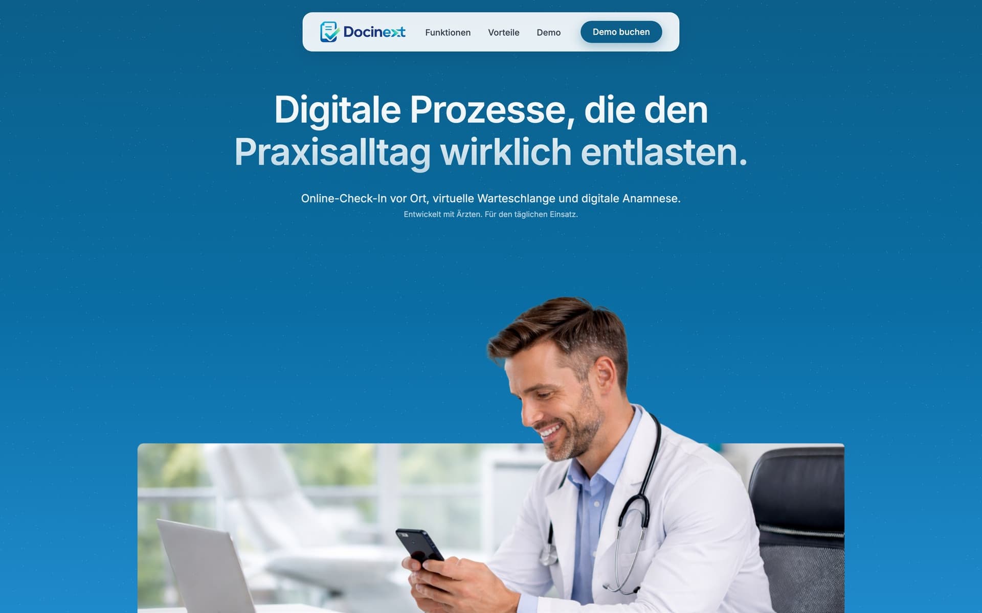 Webauftritt von Docinext für digitale Praxisabläufe